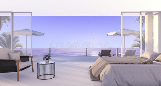 三维渲染美妙的卧室与良好的床和扶手椅在黄昏的场景