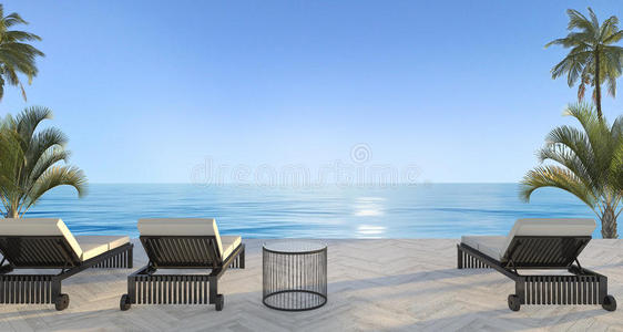 三维渲染户外海滩床在别墅附近的海洋在夏天