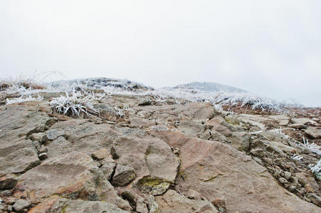 在雪山上冻结的岩石，有霜草和雾