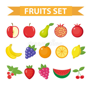 水果和浆果图标设置。 水果图标设置，隔离在白色背景上。 苹果，橘子，梨，草莓，葡萄，西瓜