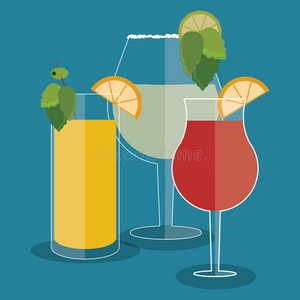 鸡尾酒柠檬橙叶玻璃夏季酒精图标。 矢量Gra
