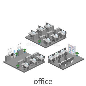 平面三维等距抽象办公楼层内部部门的概念。 房间内部