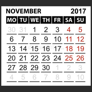 日历表2017年11月