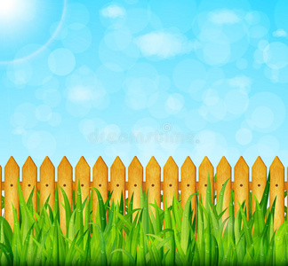 花园背景,绿草和木栅栏照片