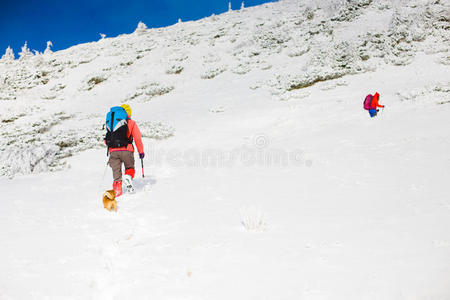 登山者在雪坡上。