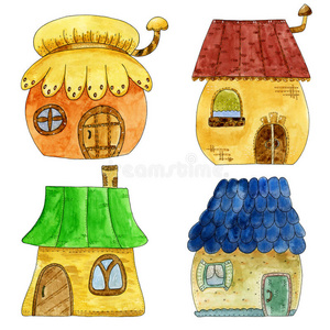 童话色彩斑斓的卡通风格可爱的房子。 水彩手绘插图。