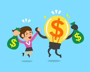 创意钱卡通女商人和大创意人物赚钱照片