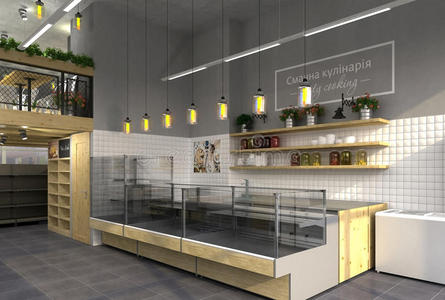 食品商店的三维可视化与一个咖啡馆在里面。 阁楼风格的公共内部