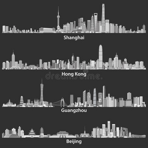 上海香港广州和北京天际线的抽象矢量插图