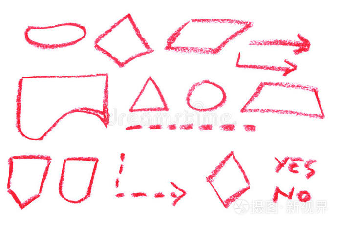 手绘草图，流程图符号红色蜡笔