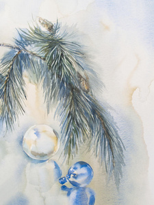 圣诞树装饰蓝色水彩插图