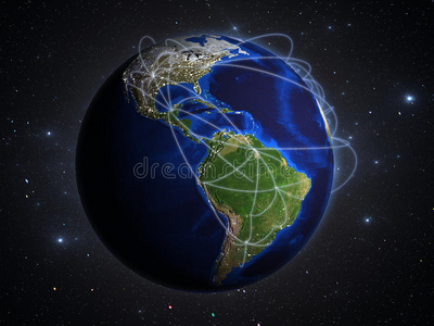 旅行和运输网络连接技术的概念，陆地与航空运输路线，三维渲染在恒星背景上