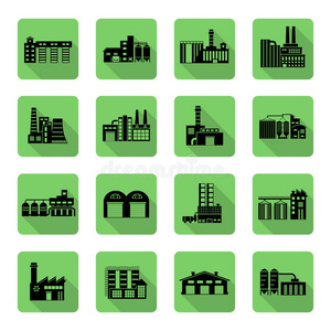 配送仓库和工厂的平面图标集。 剪影工厂配送仓库图标插图。