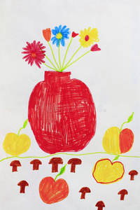 孩子们花瓶和苹果里的花束画画