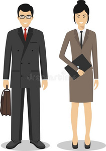 一对商务亚洲男人和女人站在一起的白色背景，以扁平的风格。 商业团队和团队合作