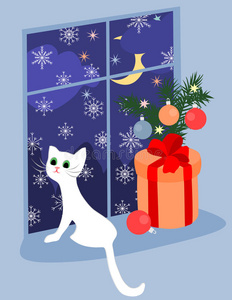 圣诞主题有一只小猫和一份靠近窗户的礼物。