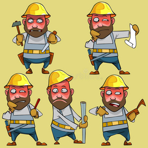 卡通不满的工人在头盔中的各种姿势