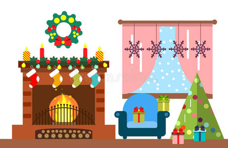 圣诞室内部。 圣诞树和装饰。 礼物和壁炉。 平面风格插图。