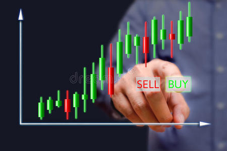 商人按下屏幕上的购买按钮与股票图表。