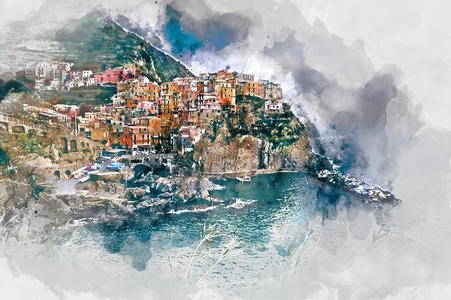 马纳罗拉的数字水彩画。 意大利