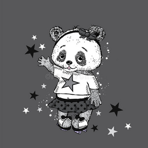 可爱的熊猫在溜冰鞋上。 穿着裙子的漂亮女孩。 卡片或海报的矢量插图。 印在衣服上。 童年。