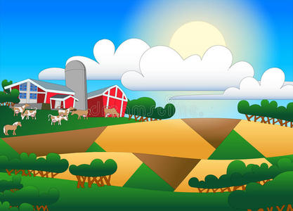 带有建筑物和羊群的农田的卡通插图照片