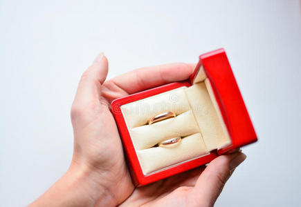 手里拿着红色盒子里的结婚戒指。
