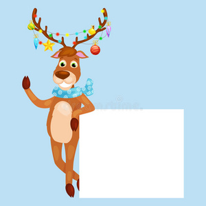 圣诞鹿与横幅隔离，快乐的冬季圣诞节节日动物贺卡，圣诞老人帮手驯鹿矢量