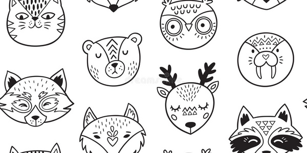 宝贝猫头鹰肖像黑白手画涂鸦动物无缝图案照片