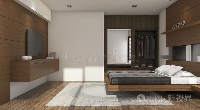 三维渲染木材最小风格卧室与壁橱