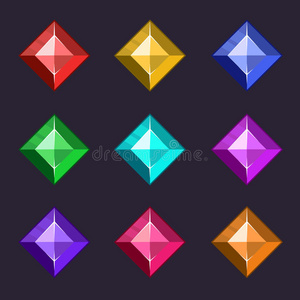 卡通矢量宝石和钻石图标设置在不同颜色的不同形状照片