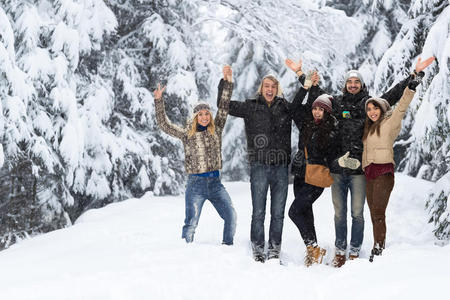 朋友们群雪森林快乐微笑年轻人户外