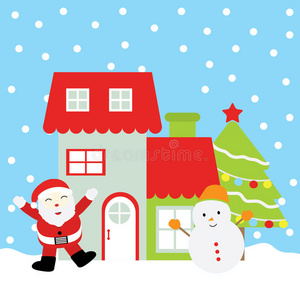 圣诞插图与可爱的圣诞老人，雪人，圣诞树，和红色的房子