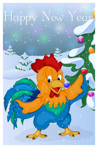有趣可爱的公鸡和圣诞树。 圣诞快乐和新年贺卡。 卡通风格的圣诞卡