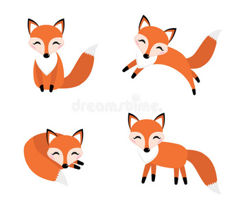 可爱的狐狸设置平面风格。 狐狸在不同的姿势，睡觉，跳跃，坐。
