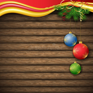 圣诞树和木板背景上的装饰元素