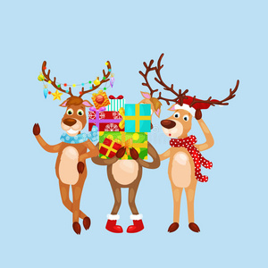 圣诞套鹿与横幅，快乐冬季圣诞节动物贺卡，圣诞老人帮助驯鹿载体