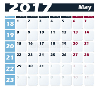 日历2017年可能矢量设计模板。 一周从星期一开始。 欧洲版本