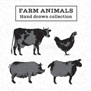 动物群 墨水 标签 牛肉 农场 家禽 概述 食物 插图 徽章