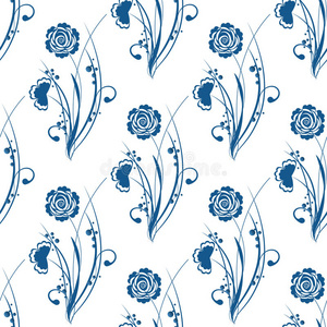 蓝色花卉无缝图案的GZHEL风格