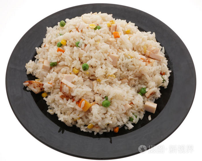 中国食物。 米饭加火腿和蔬菜