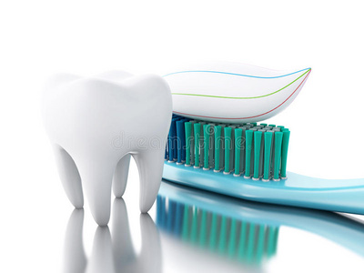 带牙刷和牙膏的3D牙齿。