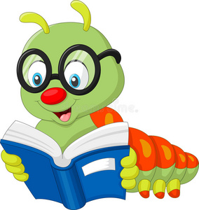 毛毛虫读书卡通插图蠕虫病毒在红红的苹果孤立在白色背景上的卡通毛