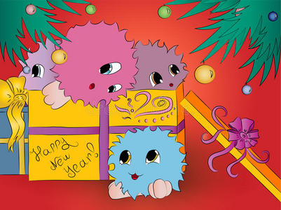 四个可爱的怪物礼品盒圣诞树红色背景