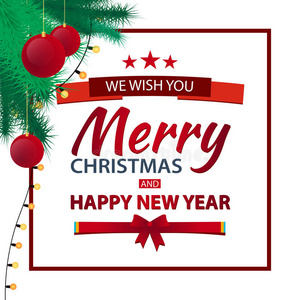 圣诞背景与冷杉树枝和红球。 圣诞快乐，新年快乐。 矢量插图。
