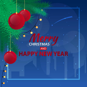 圣诞背景与冷杉树枝和红球。 圣诞快乐，新年快乐。 矢量插图。