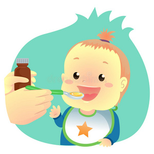 婴儿喝奶粉婴儿喝药糖浆插画