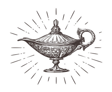 阿拉丁魔法或神灯.复古素描矢量插图照片
