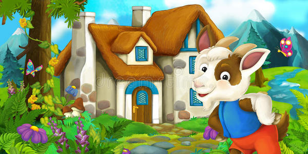 卡通场景与山羊附近的村庄房子