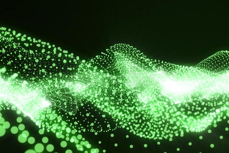 三维渲染高科技数字地形，绿色抽象空间的黑暗背景与连接点和线。